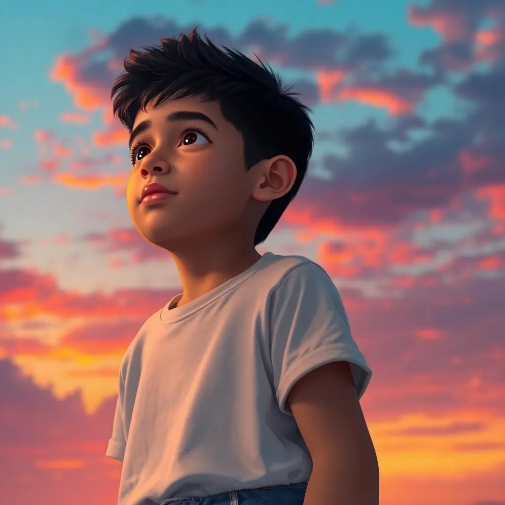 A young Arab boy, صالح, with short black hair, wearing a simple t-shirt and jeans, looking up at the sky with determination in his eyes, colorful sunset in the background, vibrant, hopeful atmosphere, digital art, high quality