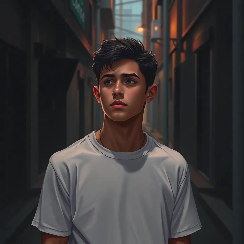 A 20-year-old man, صالح, standing at the edge of a street, looking thoughtful, with hints of a troubled past, surrounded by dark alleyways and shadows, moody lighting, reflecting on his choices, digital painting, dramatic atmosphere