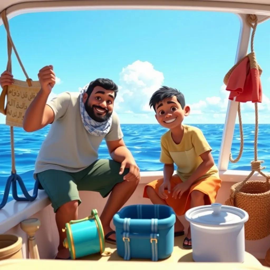 A sunny day on a boat, with Ahmed and his uncle Mohamed preparing fishing gear, vibrant blue sea, joyful expressions, casual clothing, cheerful atmosphere, digital art, high quality