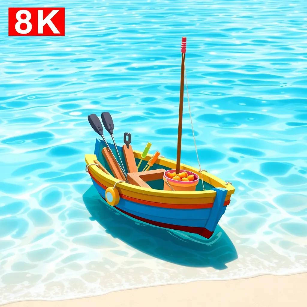 A colorful small boat in the sparkling blue water, filled with fishing tools and a bucket of food, lively beach scenery, playful vibe, detailed illustration, bright colors