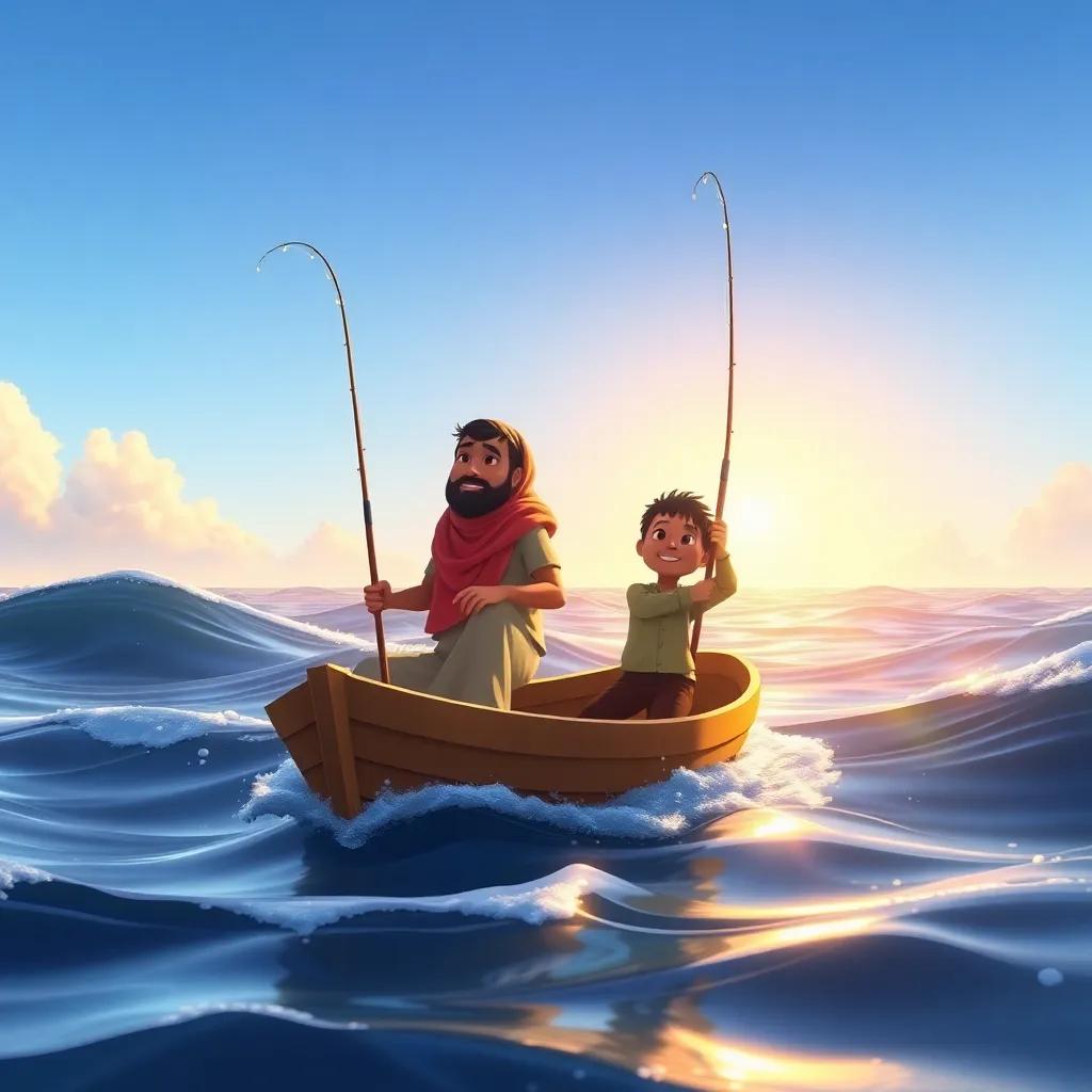 Ahmed and Mohamed in the middle of the sea, holding fishing rods, waves gently rocking the boat, hopeful expressions, warm sunlight, inviting scene, high quality