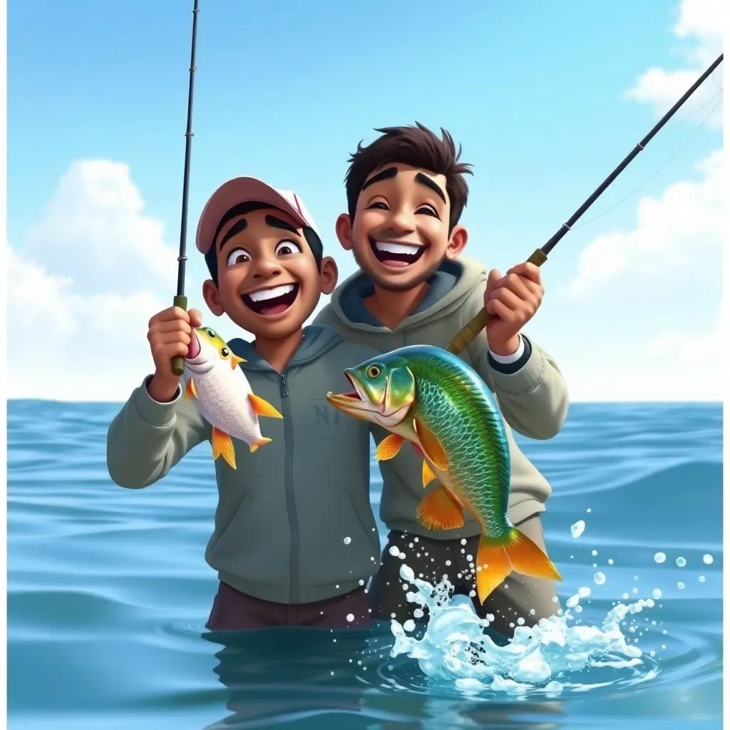 Ahmed excitedly pulling a fish on his fishing line, both smiling widely, bright blue sky above, fish splashing in water, fun and engaging atmosphere, digital drawing
