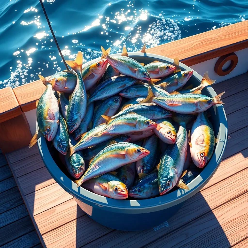 A large bucket full of fish, some big and some small, glittering in the sunlight, set on the boat deck, enjoying the vibrant marine scene, high quality illustration
