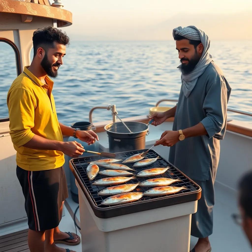 Ahmed and Mohamed setting up a grill on the boat deck, with fresh fish being grilled, delicious aroma surrounding them, relaxing vibe, high detail