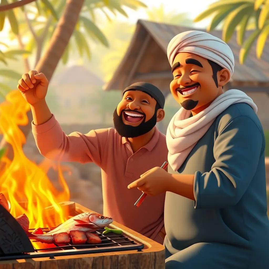 Ahmed joyfully exclaiming while grilling fish, Mohamed smiling proudly, surrounded by nature and peace, warmth of the day, cheerful atmosphere, digital art