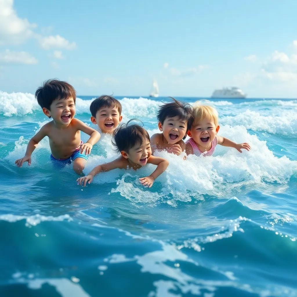 Children playing in the ocean waves, splashes and laughter, boats in the distance, feeling of fun and freedom, bright, colorful scene, high quality