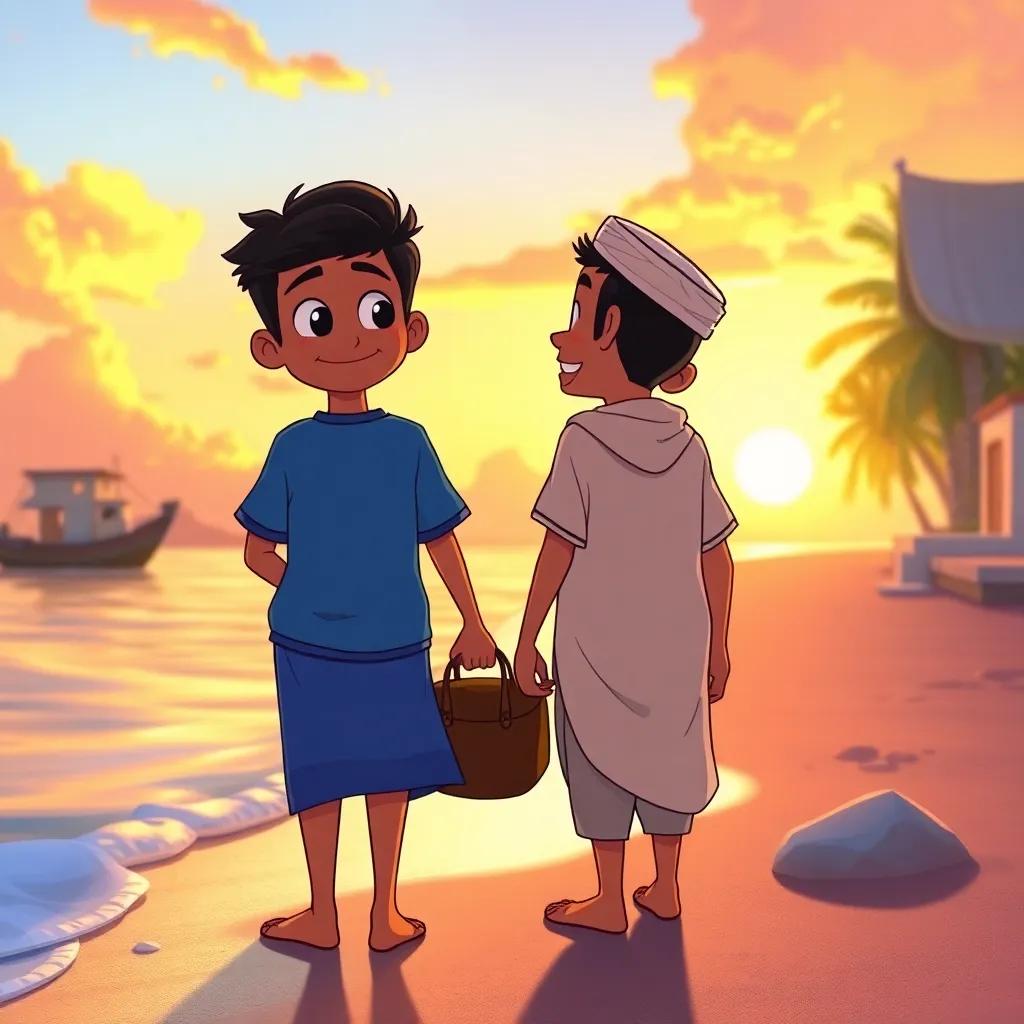 Back on the shore, Ahmed and Mohamed happily preparing to return home, memories of the day in their eyes, warm sunset background, peaceful and joyful, high quality illustration