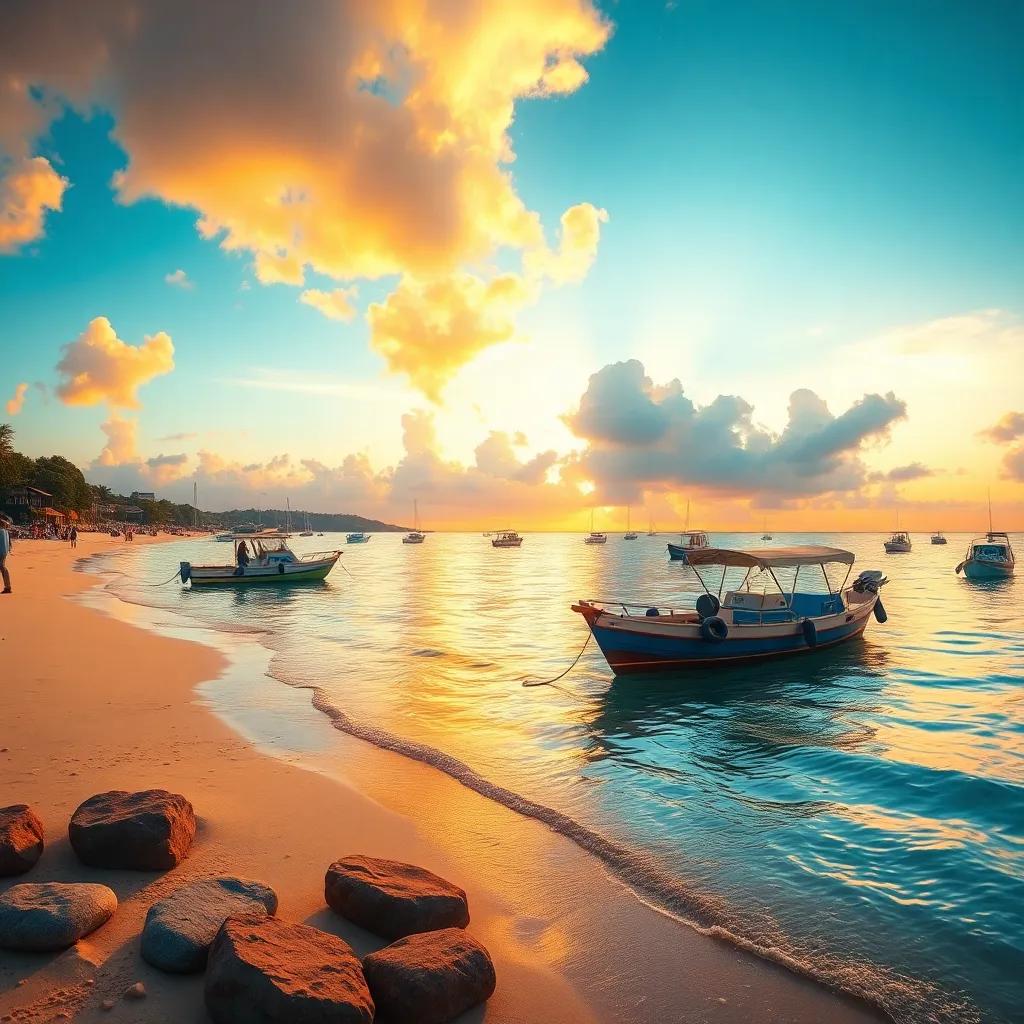 A panoramic view of the beach with boats and sunset, capturing the essence of a perfect fishing trip, lively, warm colors, enchanting scene, detailed digital art