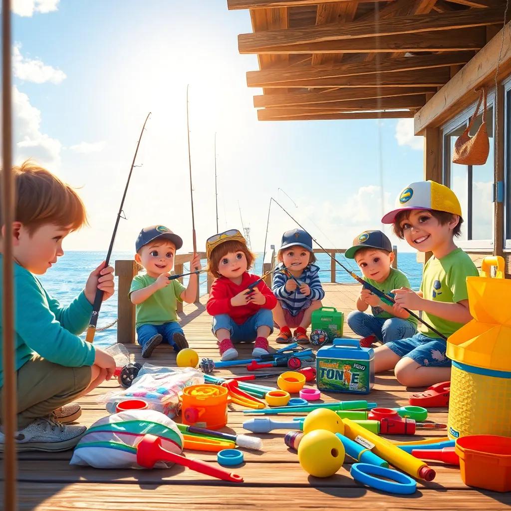A sunlight morning near the pier with children assembling fishing equipment, with excitement on their faces, colorful fishing gear spread all around, bright colors, cheerful atmosphere, digital art, vibrant and uplifting