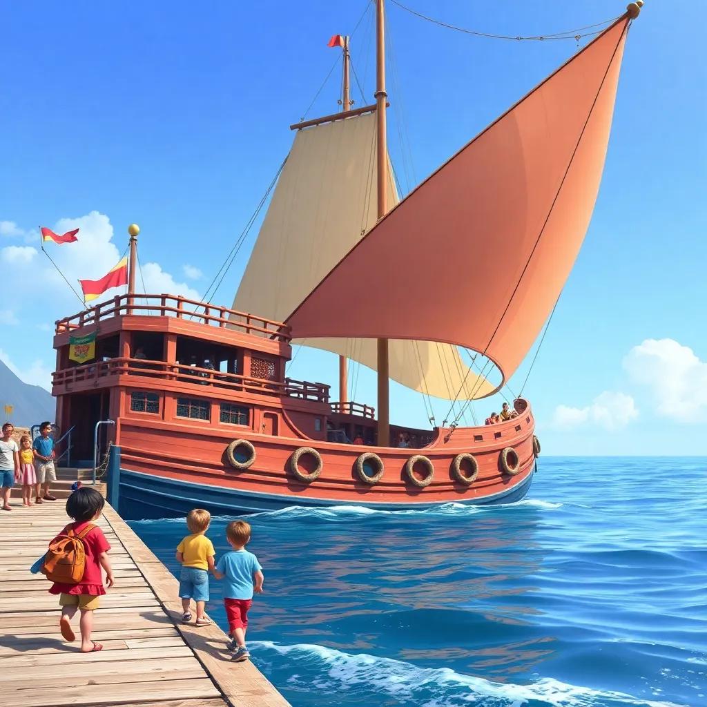 A beautiful sailing ship waiting at the pier, colorful and large, children eager to board, the sea calm and inviting, bright blue sky, high quality, realistic illustration