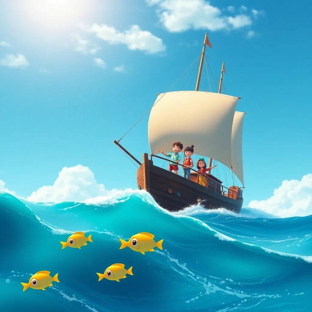 A ship sailing on the sea under a clear blue sky, waves gently rocking the ship, children on deck pointing at playful fish swimming, joyful vibe, detailed art, child-friendly