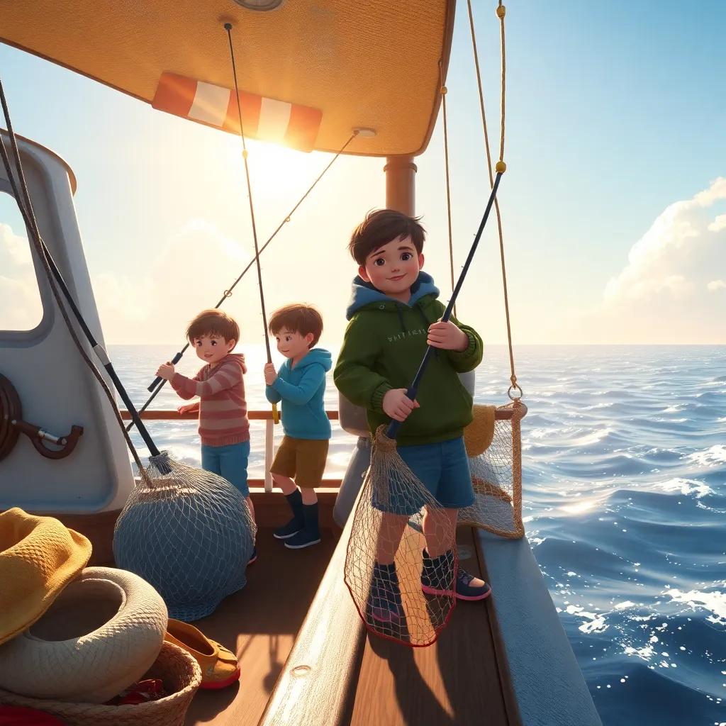 Children preparing fishing rods and nets on the ship, excitement in the air, ocean views around, sunlight reflecting off the water, dynamic composition, illustration, engaging scene