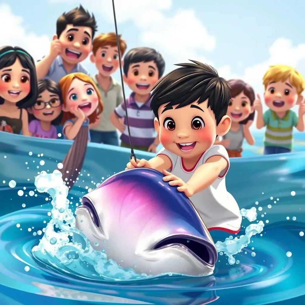A child pulling a big fish from the water, friends gathering excitedly around, expressions of joy and surprise, a colorful and lively atmosphere, high detail, family-friendly art