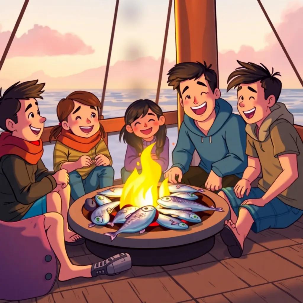 Friends sitting around a fire on the ship, grilling fish with happy faces, laughter and sharing stories, warm glowing light from the fire, lively ambiance, child-friendly illustration