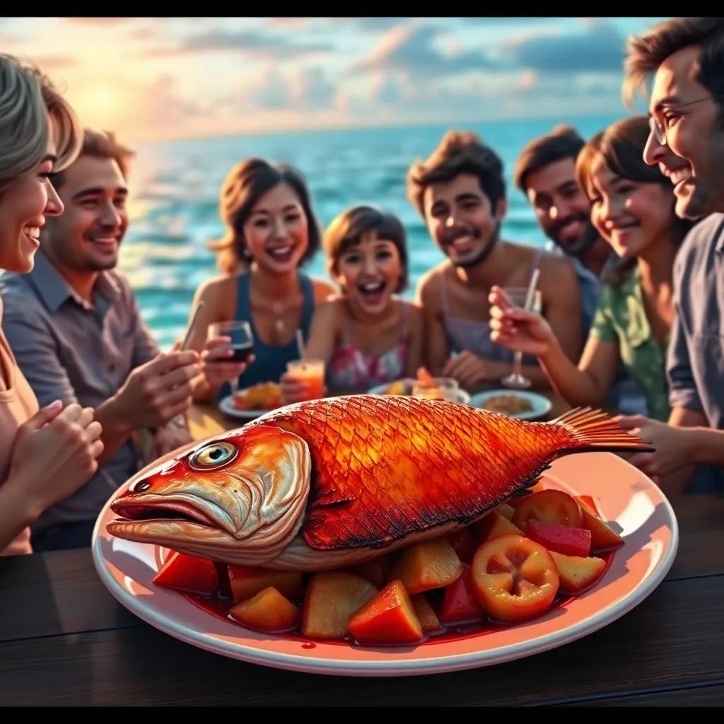 A beautifully prepared grilled fish on a plate, friends gathered around enjoying the meal, smiles and laughter, lovely ocean view in the background, rich colors, heartwarming scene