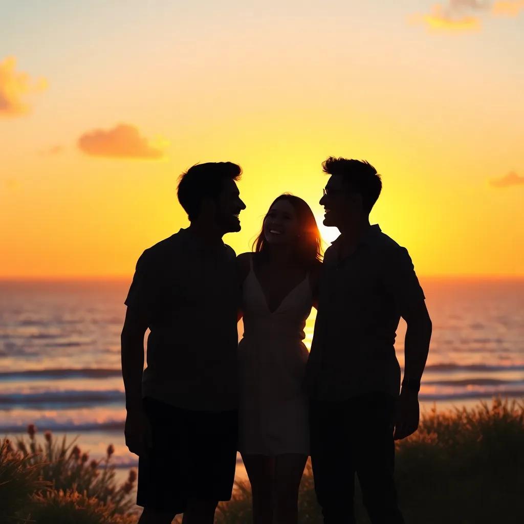 Friends sharing their happy memories at sunset, shining silhouettes against the horizon, laughter and joy in the air, beautiful ocean view behind, warm colors, digital art, uplifting