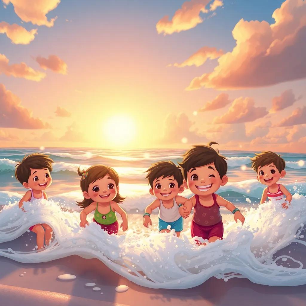 Children returning to the shore with happy smiles and memories, waves splashing around them, sunset casting beautiful colors in the sky, joyful and rich atmosphere, engaging illustration