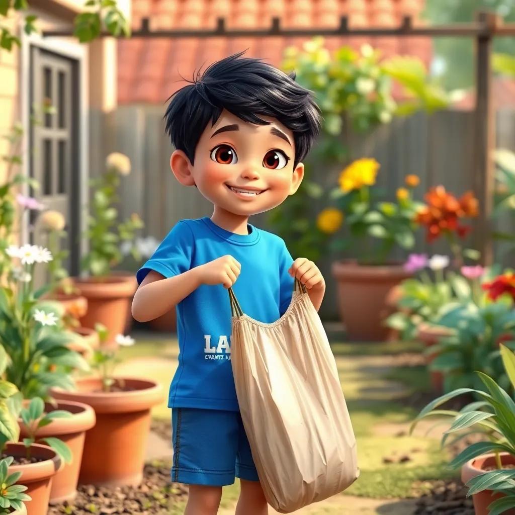 A ten-year-old boy, Sami, with short black hair, wearing a bright blue t-shirt and shorts, holding a trash bag while smiling in a garden, cheerful atmosphere, digital art, vibrant colors, friendly community vibe, child-friendly, high quality