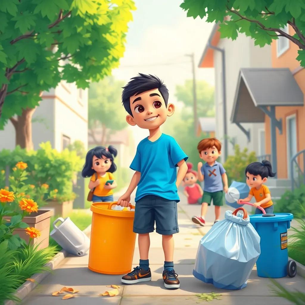 Sami, a ten-year-old boy, with short black hair, wearing a bright blue t-shirt and shorts, picking up trash in his neighborhood with friends, lively daytime, teamwork theme, illustration, engaging, colorful, friendly ambiance