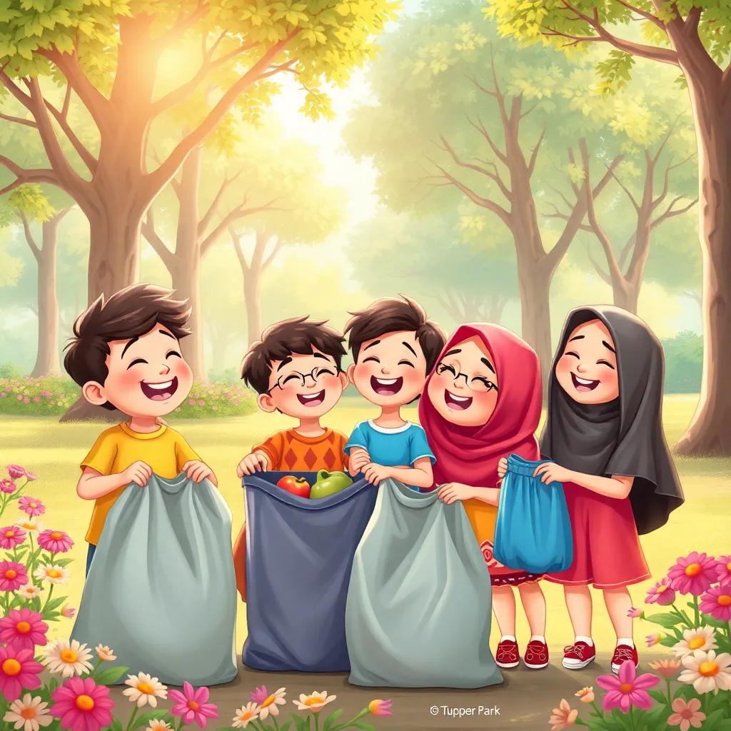 Four children, including Sami, Ali, and Leila, gathered with trash bags, laughing and singing in the park, surrounded by trees and flowers, bright sun, happy faces, child-friendly scene, illustration, cheerful colors, sense of joy