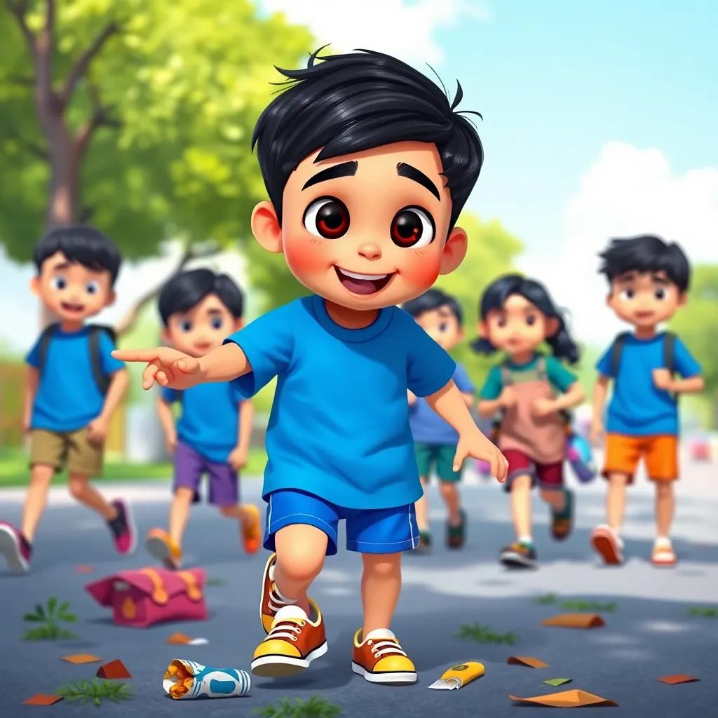 Sami, a ten-year-old boy, with short black hair, wearing a bright blue t-shirt and shorts, leading his friends, pointing to litter on the ground, engaging scene, encouraging teamwork, cartoon style, vibrant and lively