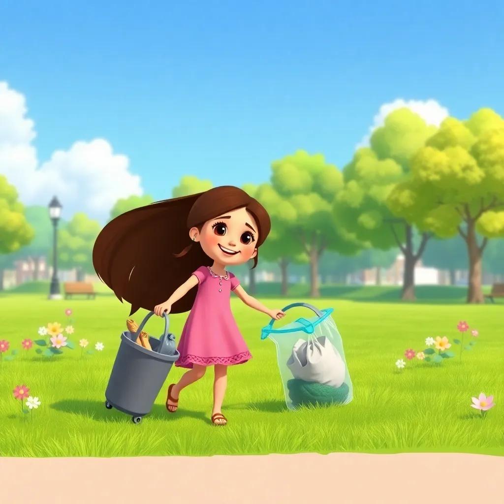 Leila, a young girl with long brown hair, wearing a pink dress, smiling and joining Sami as they collect trash together, picturesque park setting, bright colors, joyful spirit, child-friendly