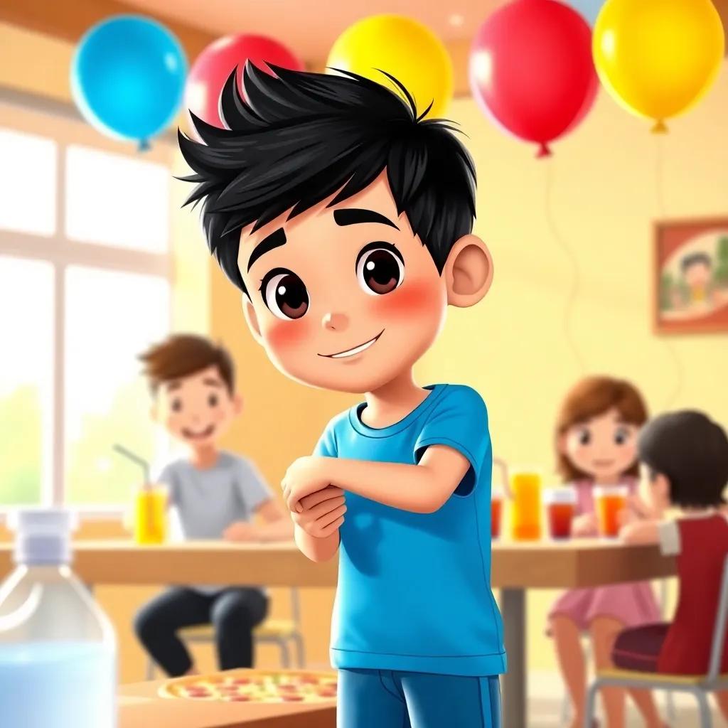 Sami, a ten-year-old boy, with short black hair, wearing a bright blue t-shirt and shorts, organizing a small celebration with friends after cleaning, with balloons, pizza, and drinks, festive atmosphere, cheerful colors
