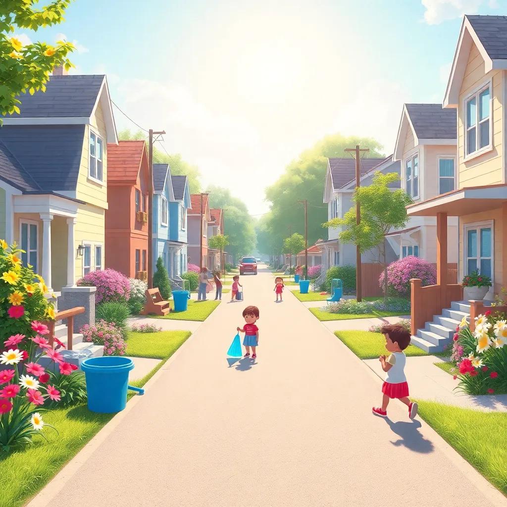 A beautiful clean neighborhood after cleaning day, with bright flowers, clean roads, and happy children playing, sunny day, illustration, vibrant scenery, sense of accomplishment