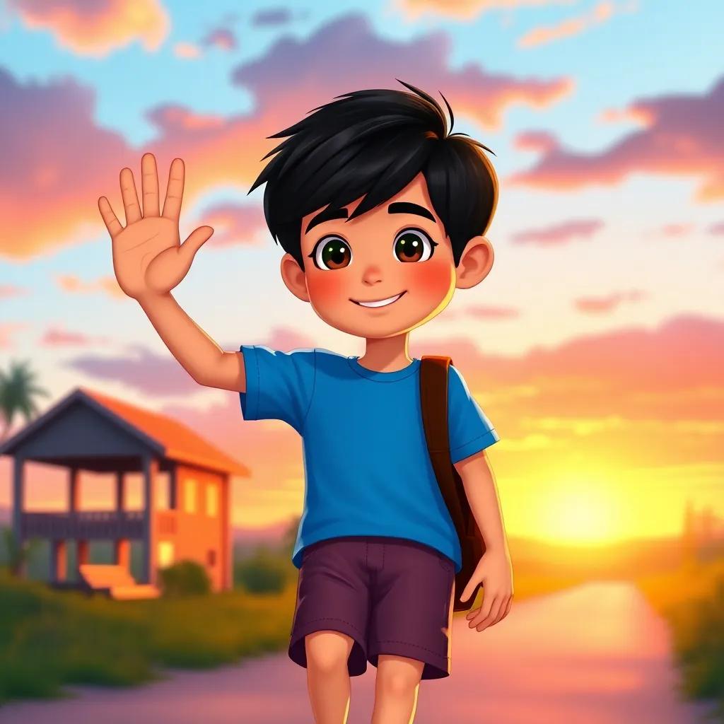 Sami, a ten-year-old boy, with short black hair, wearing a bright blue t-shirt and shorts, waving goodbye to friends, returning home with a happy heart, colorful sunset, heartwarming scene, child-friendly