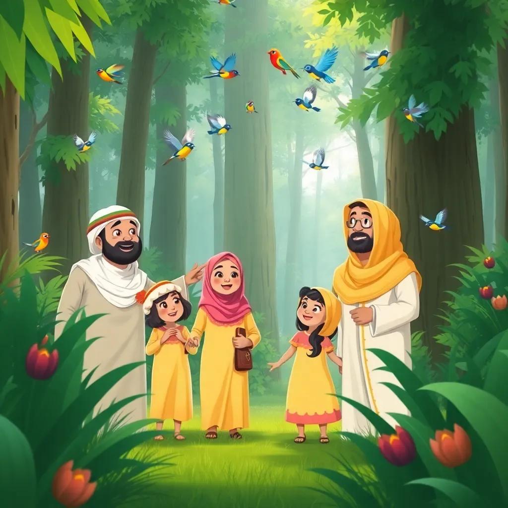 Omani family entering a lush green forest, tall trees surrounding them, colorful birds flying and singing, Abtahal pointing to a blue bird, family members smiling, lively scene, illustration, cheerful