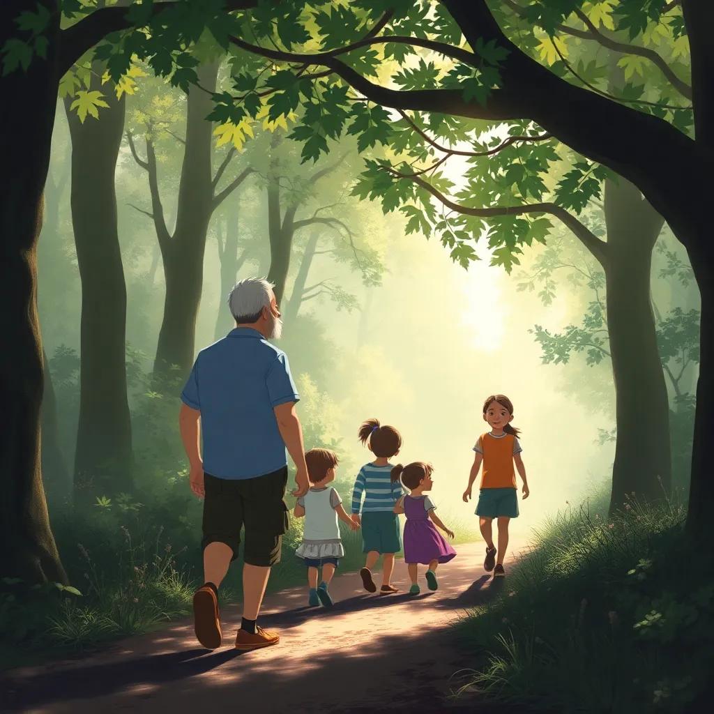 The family walking on a narrow path in the forest, sounds of birds and wind around, the father advising everyone to be quiet, sunlight filtering through leaves, peaceful vibe, digital painting, detailed