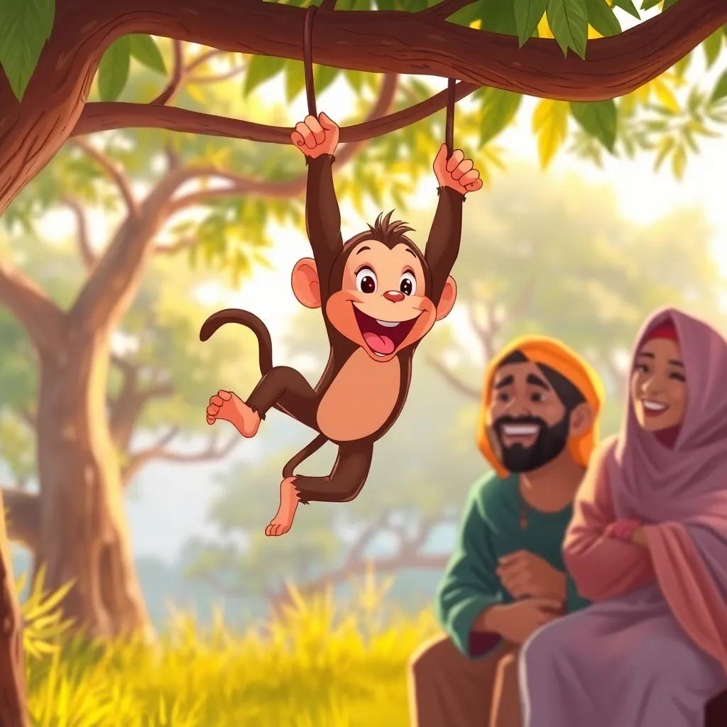 A playful monkey swinging from branches, Omani family laughing and enjoying the view, trees in the background, warm light, child-friendly scene, vibrant colors, illustration