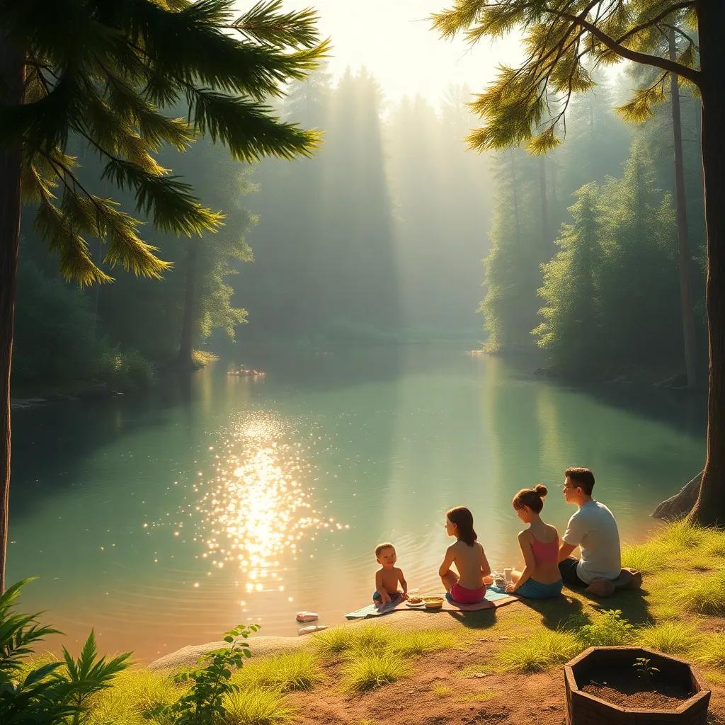 A small lake in the forest, sunlight sparkling on the water, the family on the shore having a picnic, Abtahal excited about swimming, joyful atmosphere, picturesque view, digital art, warm tones