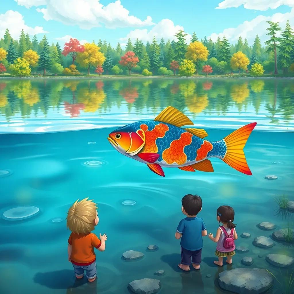 A colorful fish swimming in the lake, family watching it curiously from the shore, crystal clear water, reflections of trees above, enchanting scenery, illustration, beautiful