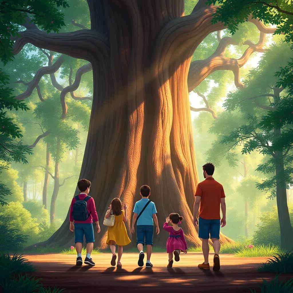 The family walking towards a gigantic tree, astonished expressions on their faces, dappled sunlight filtering through branches, captivating forest scene, illustration, vivid colors