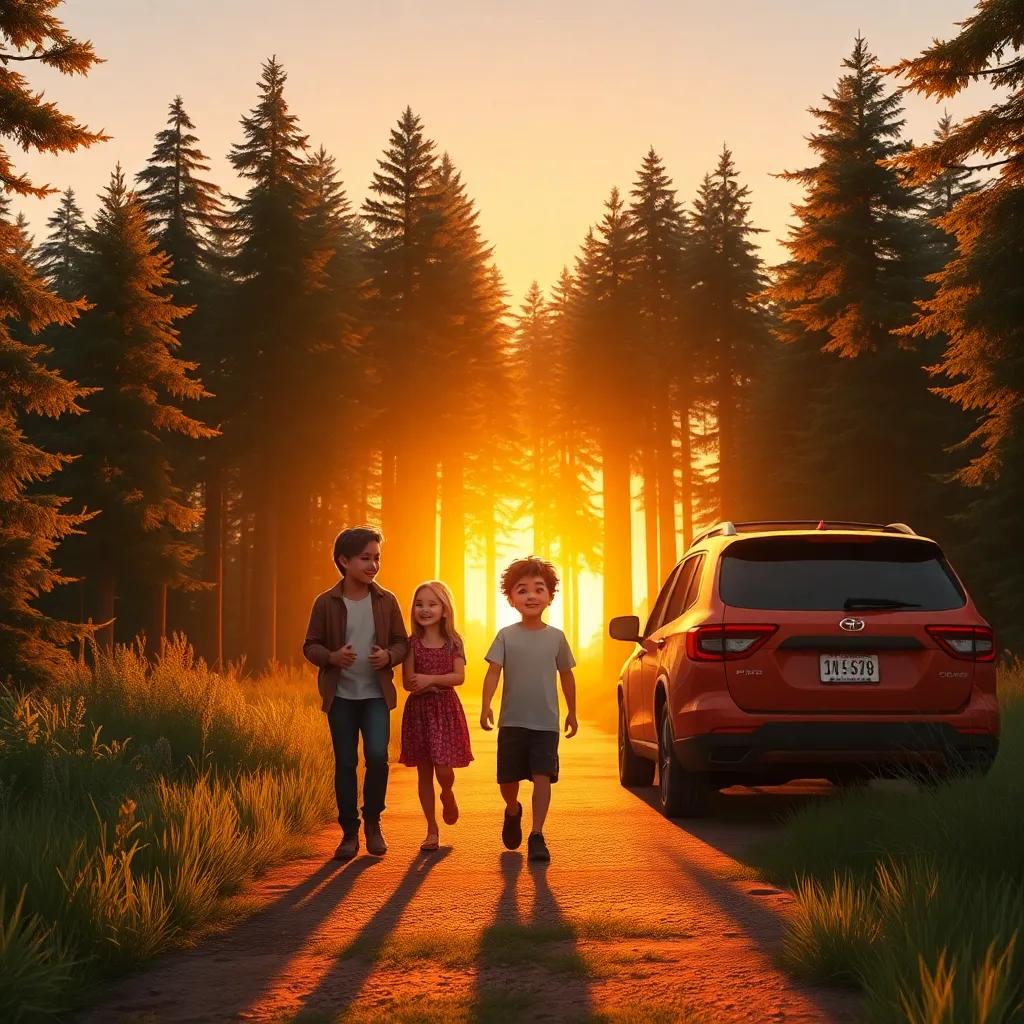 The sun setting behind the forest, the family happily walking back to their car, warm golden light, the children talking about their adventures, joyful atmosphere, digital art, heartwarming