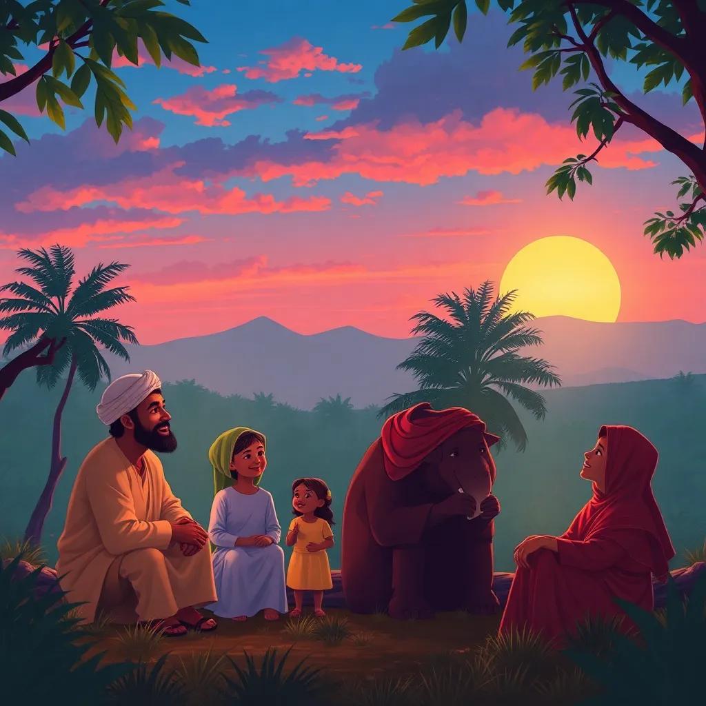 The Omani family having fun in the forest, recounting their day, under a colorful sunset, creating memories together, inviting ambiance, vibrant colors, illustration