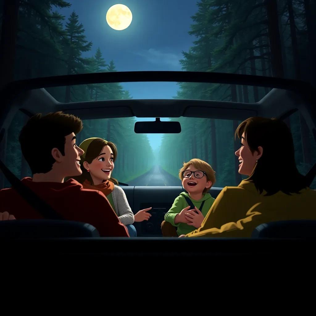 The family in the car, laughing and reminiscing about their forest adventure, bright moonlight shining on the road, cozy feeling, digital art, high quality