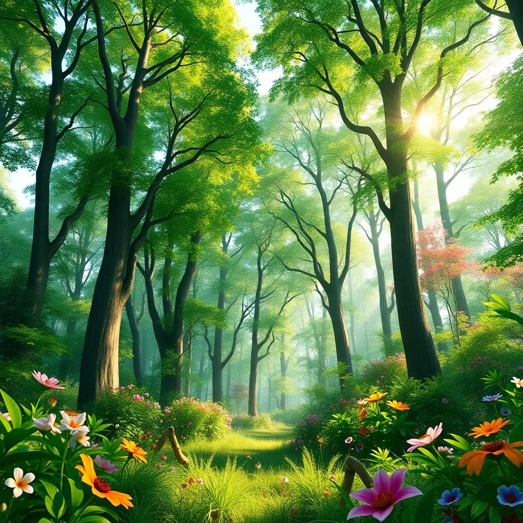 A lush green forest, with tall trees and colorful flowers, vibrant wildlife, bright sunlight filtering through leaves, enchanting scenery
