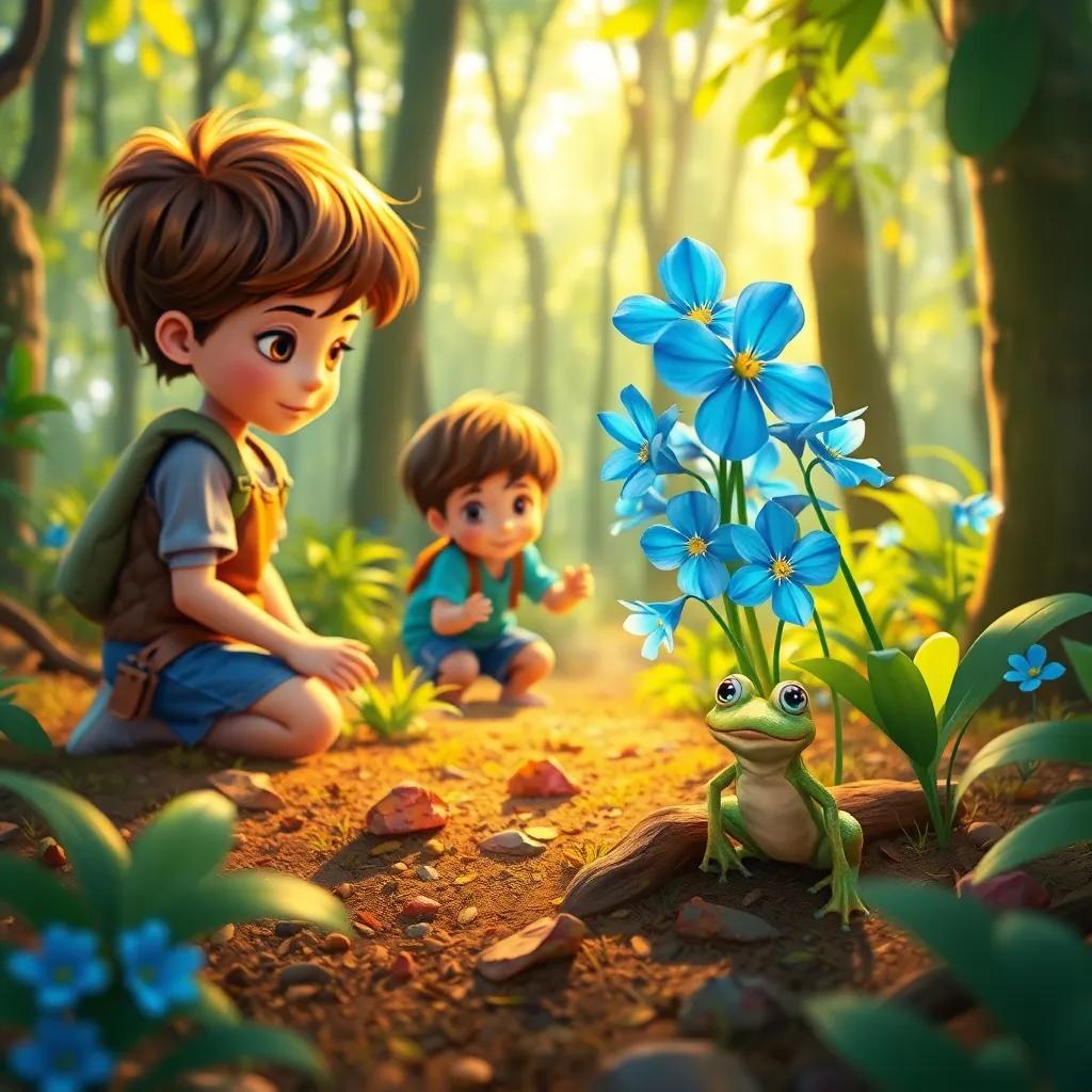 Children playing a treasure hunt game in the forest, discovering shiny blue flowers and a small frog jumping nearby, colorful and lively scene, engaging