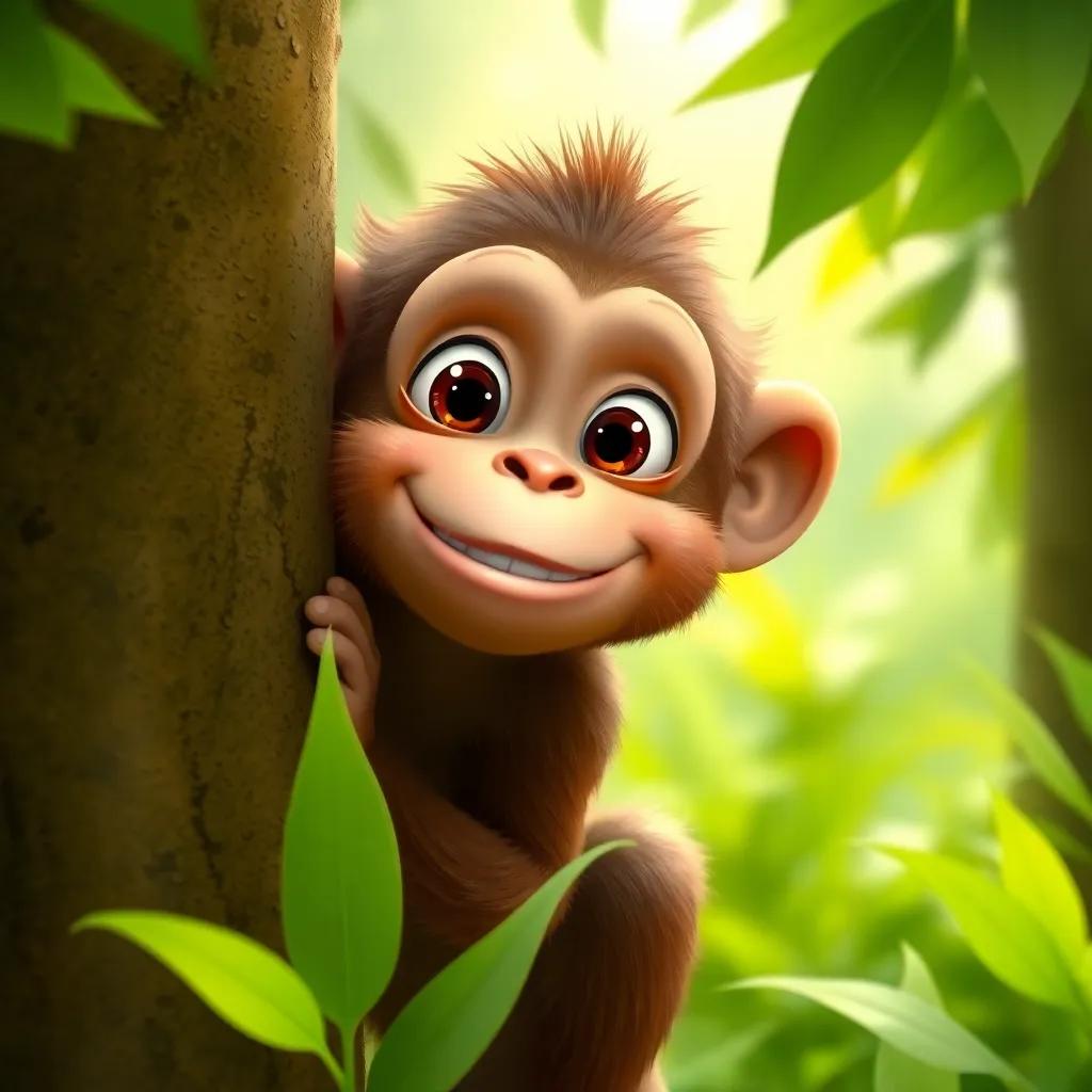 A curious little monkey peeking from behind trees, cheerful expression inviting children to play, surrounded by lush greenery, playful ambiance