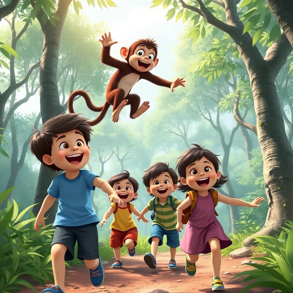 Children joyfully following a nimble monkey that jumps among the trees, capturing the fun and spirit of adventure, lively forest scene, dynamic angle