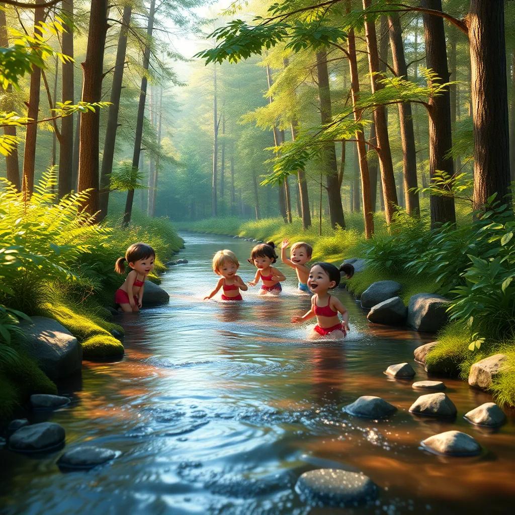 A serene stream in the forest with children splashing water, laughter and joy filling the air, peaceful yet spirited atmosphere, warm sunlight