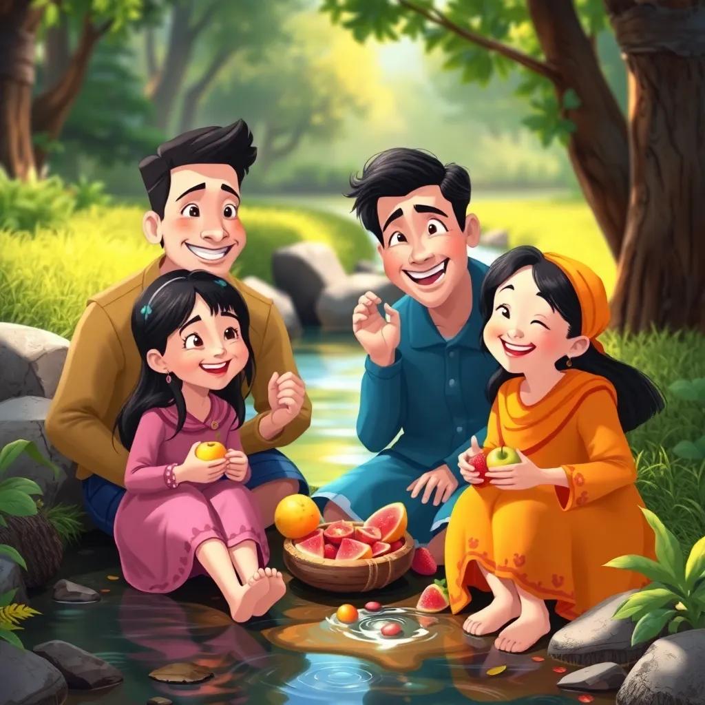 The family sitting by the stream, enjoying fruits together, happiness reflected in their smiles, warm and inviting scene, nature background