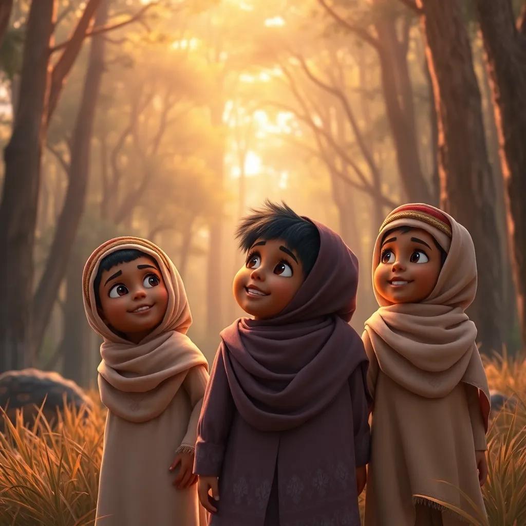 A promise of adventures, with the Omani children looking back happily at the forest, anticipation in their eyes, warm hues reflecting on their faces
