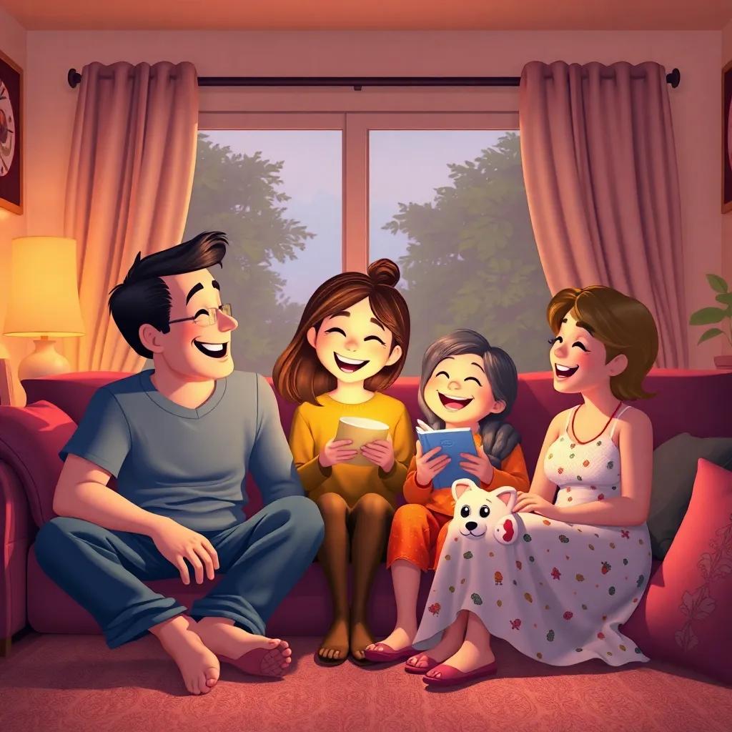 The family at home, sharing memories of their trip, with laughter and joy, cozy interior surroundings, heartwarming scene