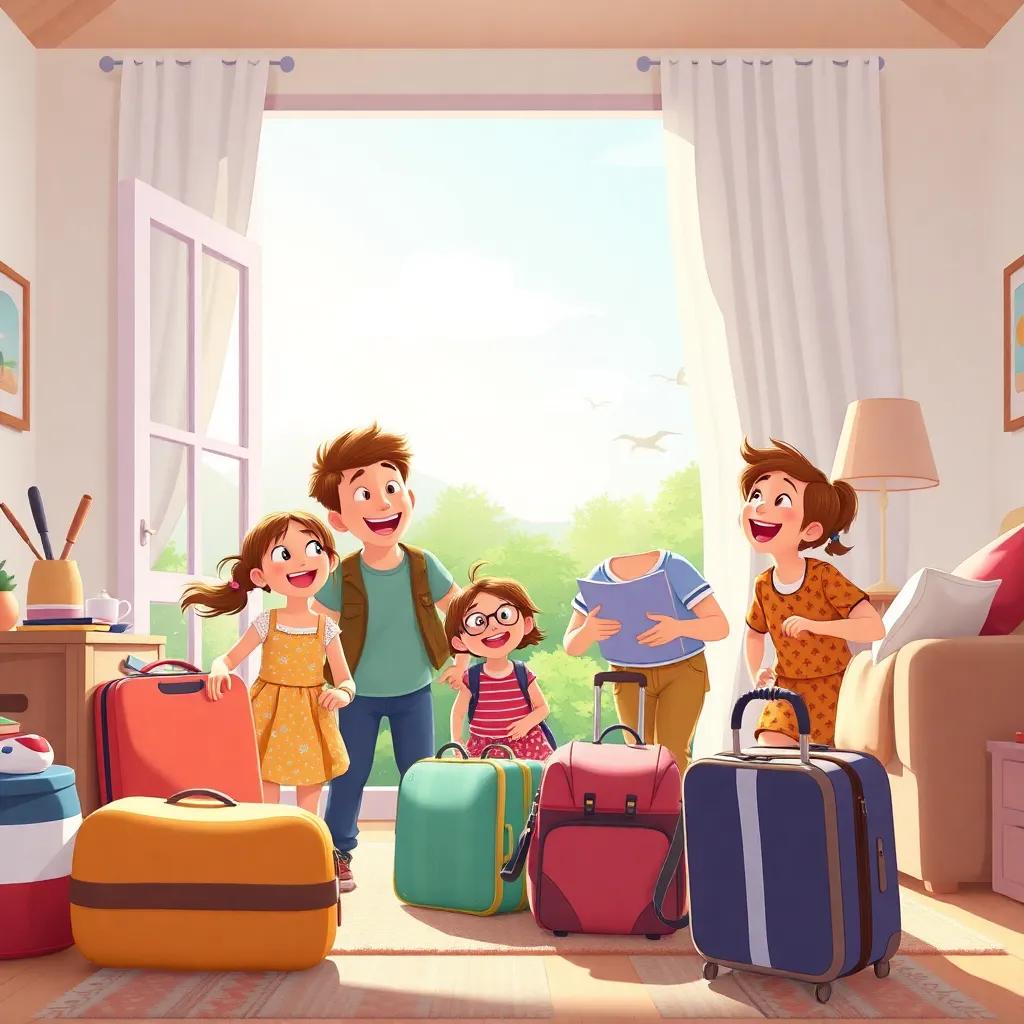 A family excitedly packing their bags for an adventure, a sunny day in a cozy home, children laughing, vibrant colors, cheerful atmosphere, high quality