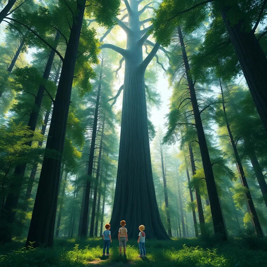 A dense green forest with tall trees reaching the sky, children observing a giant tree in amazement, sunlight filtering through the leaves, vibrant colors, high detail