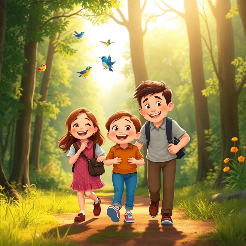 A cheerful family walking through the forest, joyful expressions, listening to beautiful singing birds, sunlight dappling on the ground, illustration, warm colors