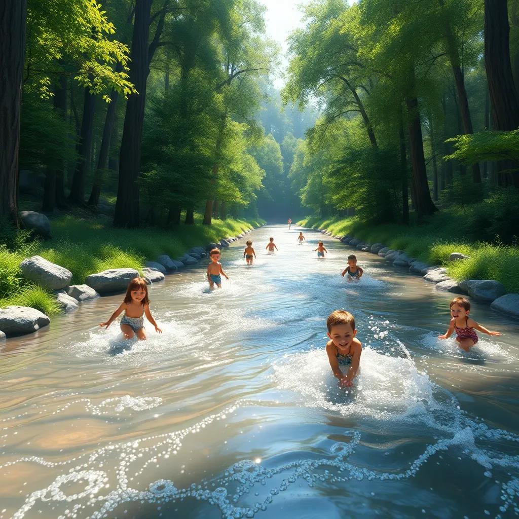A small sparkling river flowing through the forest, children playing and splashing in the water, laughter in the air, cheerful scene, bright sunlight